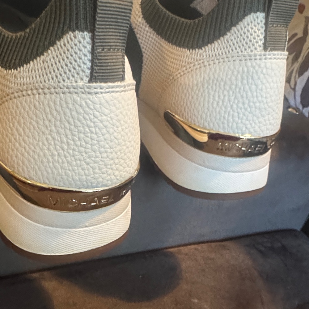 Michael Kors Beige and Olive Knit Lace-Up Sneakers - Picture 3 of 9